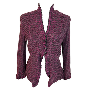 NIC+ZOE Women's Silk-Cotton Pink Grey Ruffle 3/4 Sleeve Peplum Cardigan Small